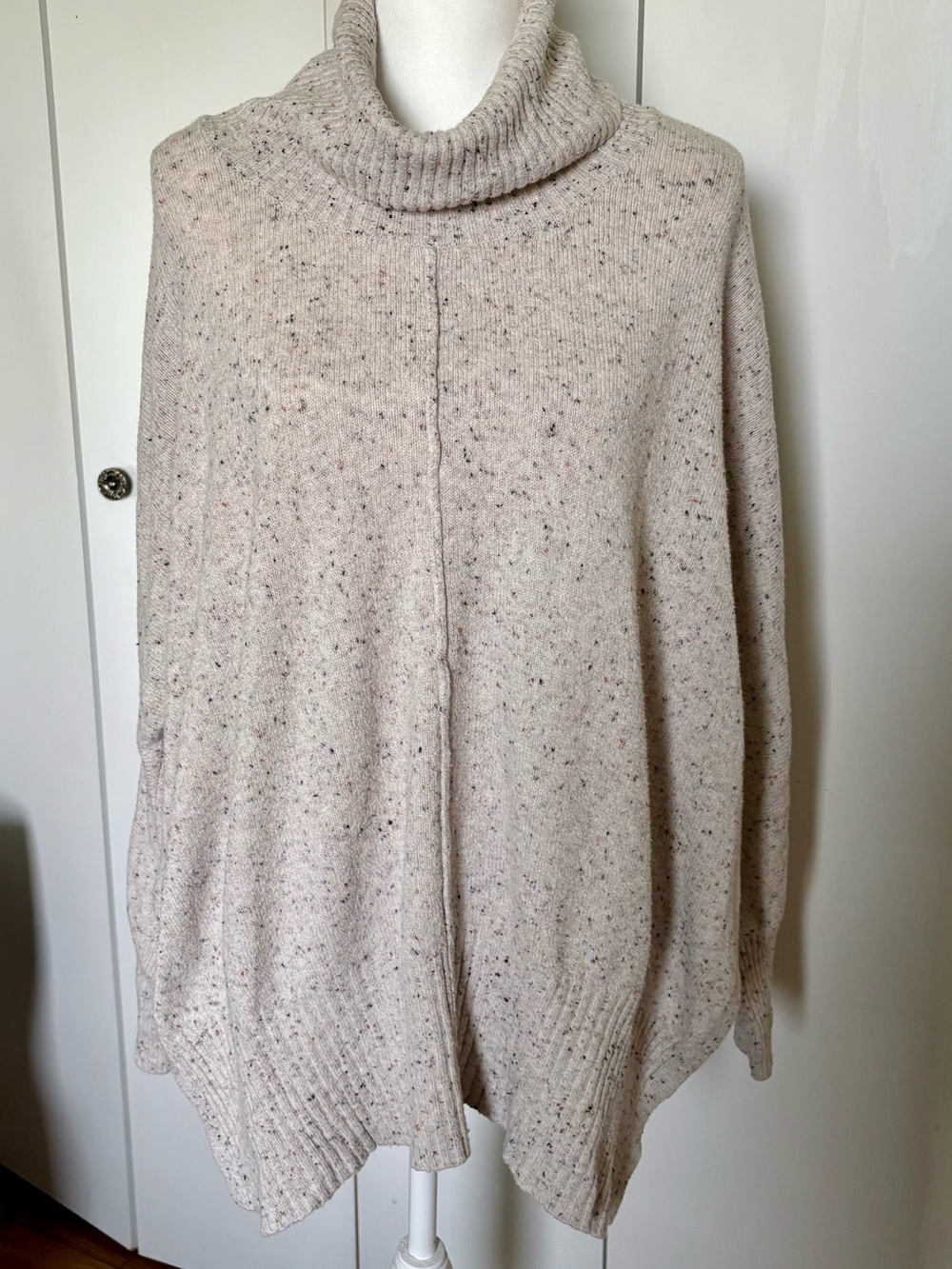 Ruby Moon Turtleneck Speckled Knit Poncho Sweater - Beige